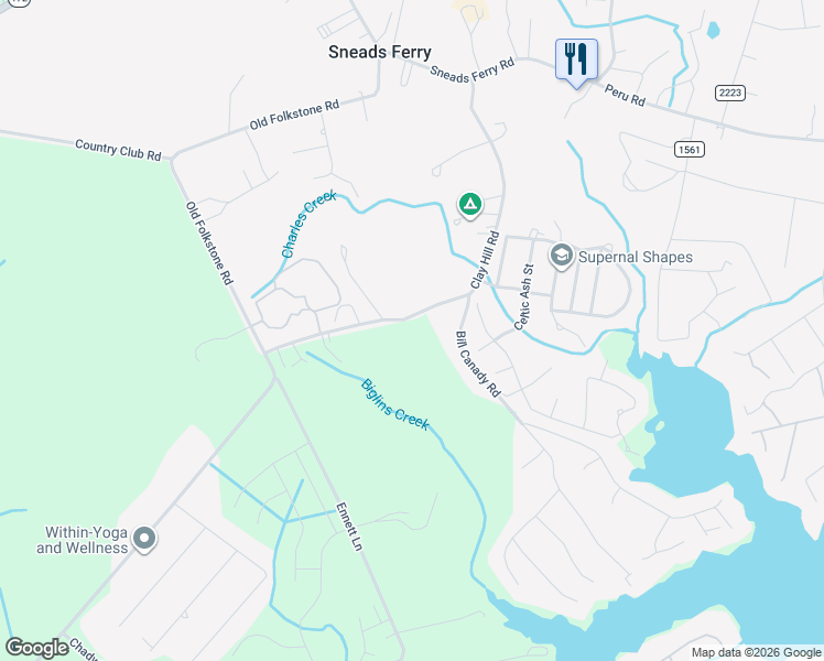 map of restaurants, bars, coffee shops, grocery stores, and more near 243 Clay Hill Road in Sneads Ferry