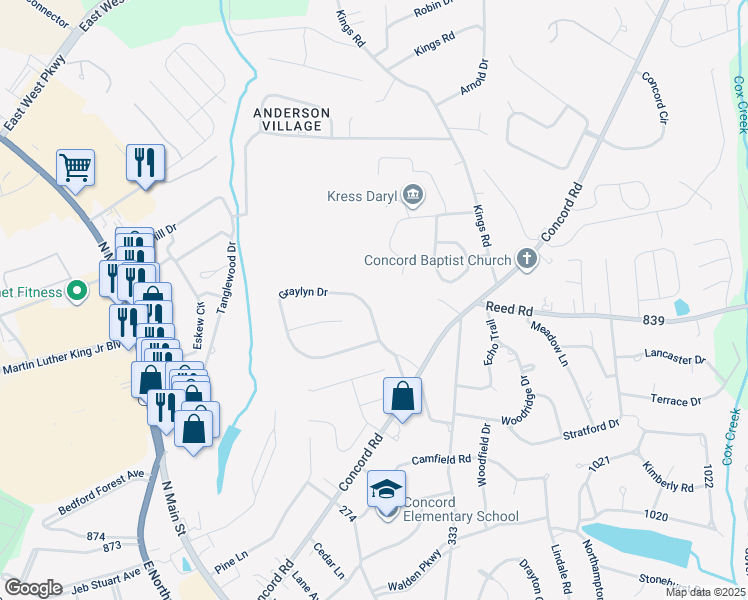 map of restaurants, bars, coffee shops, grocery stores, and more near 142 Graylyn Drive in Anderson