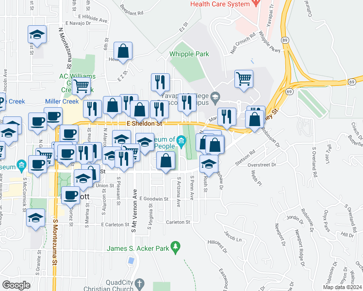 map of restaurants, bars, coffee shops, grocery stores, and more near 202 North Arizona Avenue in Prescott