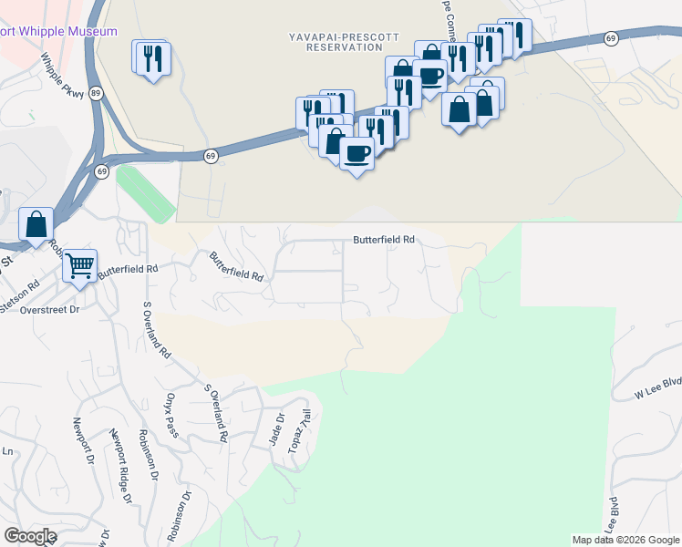 map of restaurants, bars, coffee shops, grocery stores, and more near 204 Wells Fargo Road in Prescott
