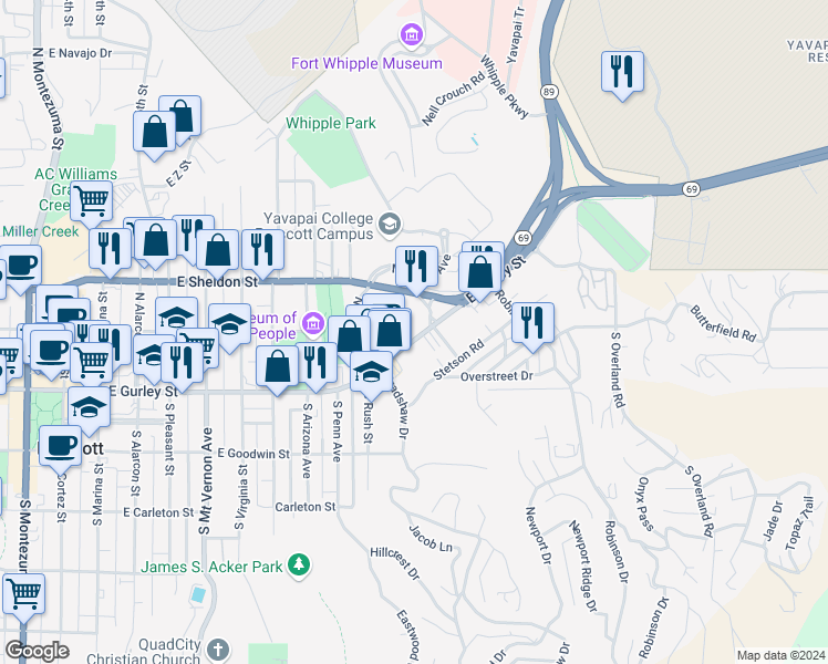 map of restaurants, bars, coffee shops, grocery stores, and more near 1124 East Gurley Street in Prescott