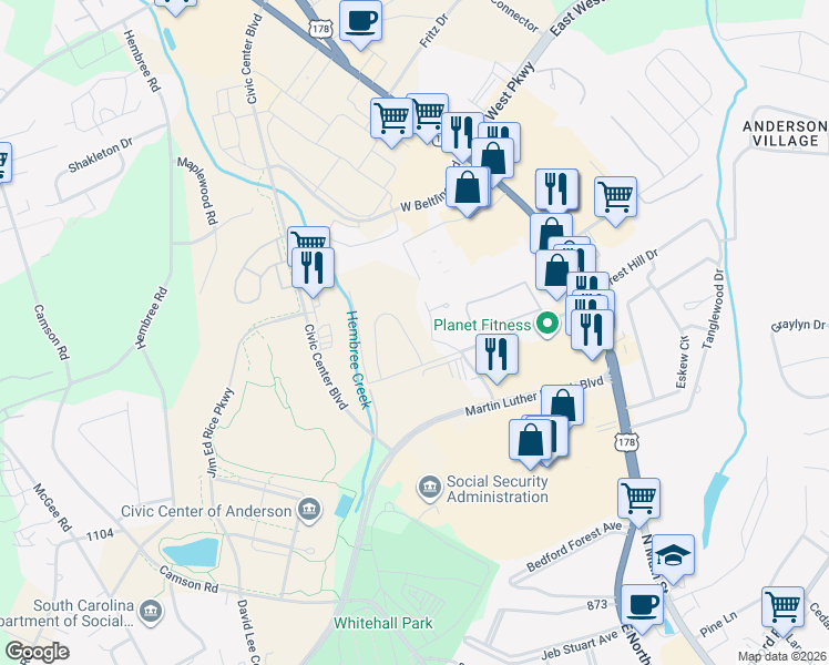 map of restaurants, bars, coffee shops, grocery stores, and more near 309 North Pointe Creek in Anderson