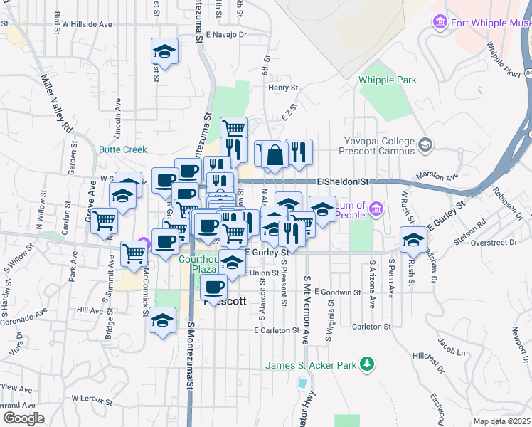 map of restaurants, bars, coffee shops, grocery stores, and more near 307 East Willis Street in Prescott
