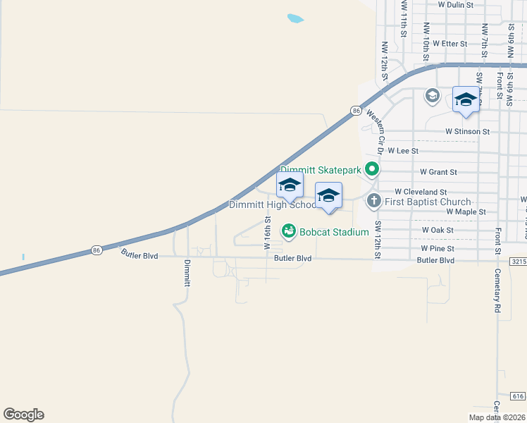 map of restaurants, bars, coffee shops, grocery stores, and more near 1600 Sunset Circle in Dimmitt