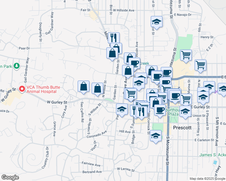 map of restaurants, bars, coffee shops, grocery stores, and more near 131 Garden Street in Prescott