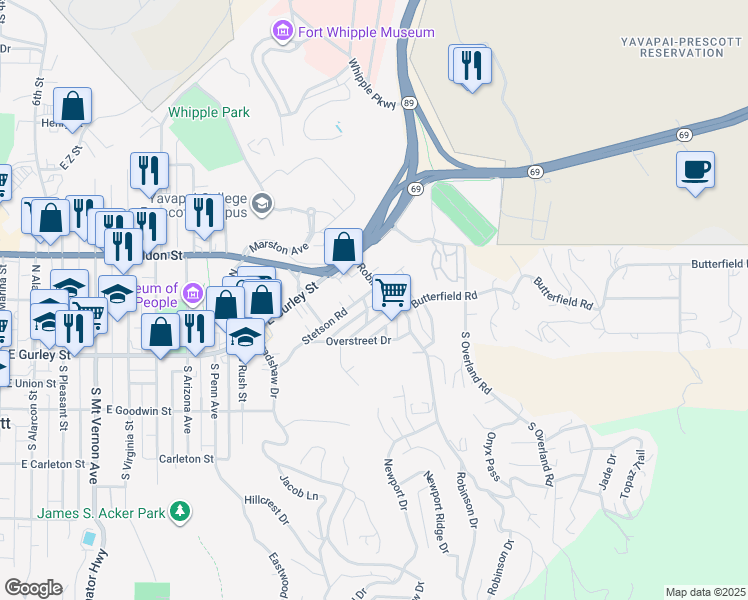 map of restaurants, bars, coffee shops, grocery stores, and more near 1233 Stetson Road in Prescott