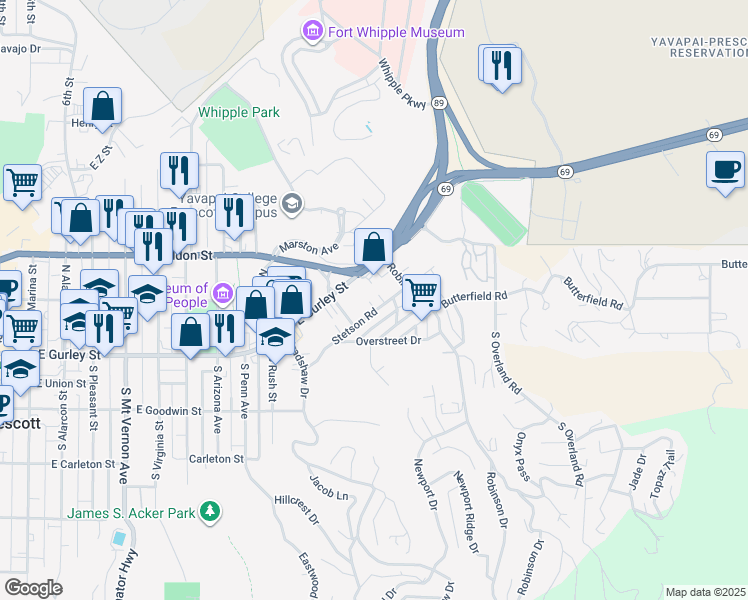 map of restaurants, bars, coffee shops, grocery stores, and more near 1233 Stetson Road in Prescott