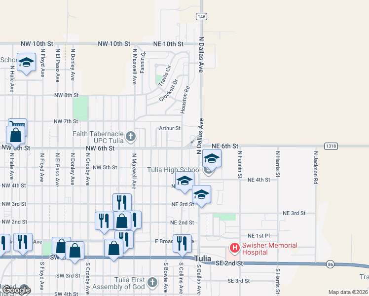 map of restaurants, bars, coffee shops, grocery stores, and more near 425 Farm to Market 1318 in Tulia