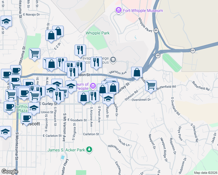 map of restaurants, bars, coffee shops, grocery stores, and more near 123 N Rush St in Prescott