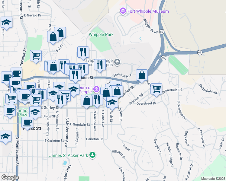 map of restaurants, bars, coffee shops, grocery stores, and more near 123 N Rush St in Prescott