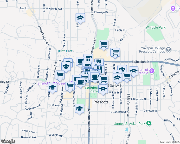 map of restaurants, bars, coffee shops, grocery stores, and more near North Montezuma Street & West Willis Street in Prescott