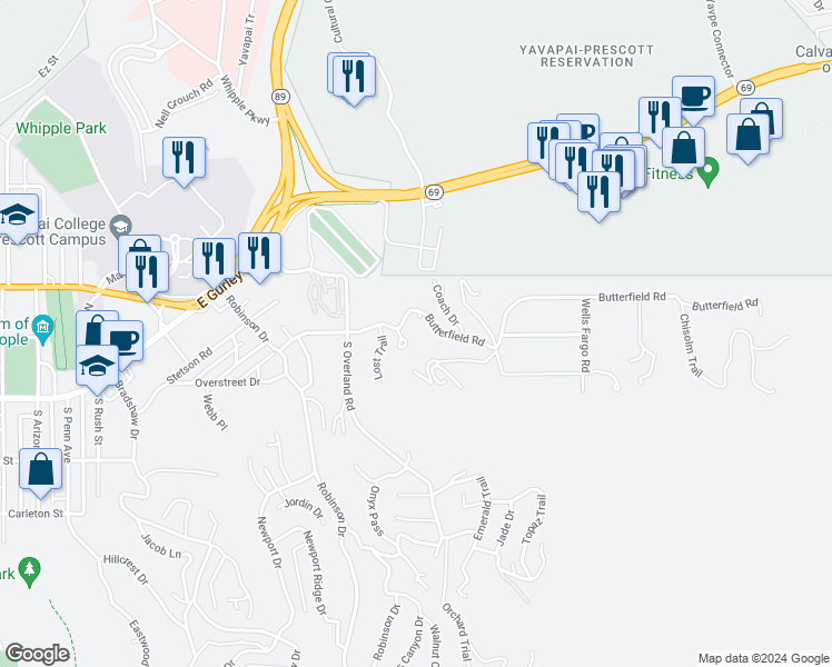 map of restaurants, bars, coffee shops, grocery stores, and more near 1415 Butterfield Road in Prescott