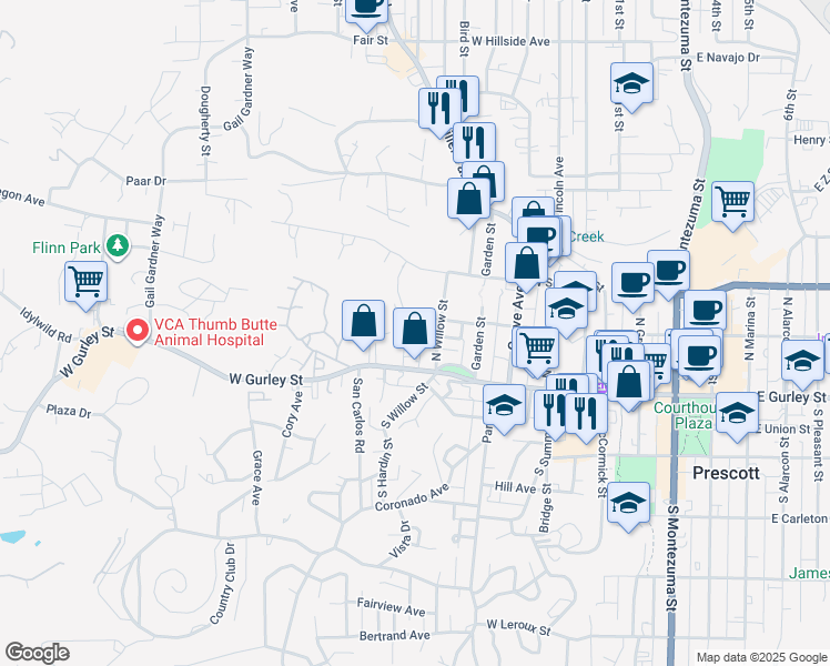 map of restaurants, bars, coffee shops, grocery stores, and more near 127 Brush Street in Prescott