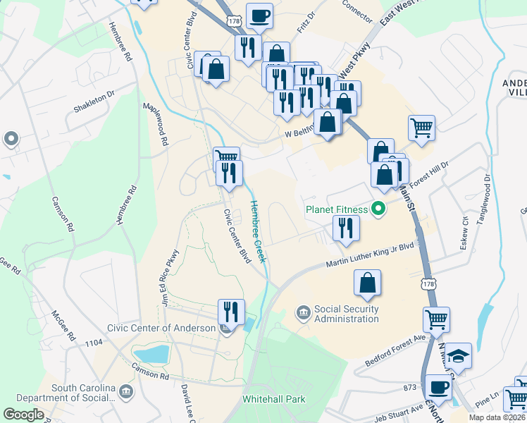 map of restaurants, bars, coffee shops, grocery stores, and more near An-10-1566 in Anderson