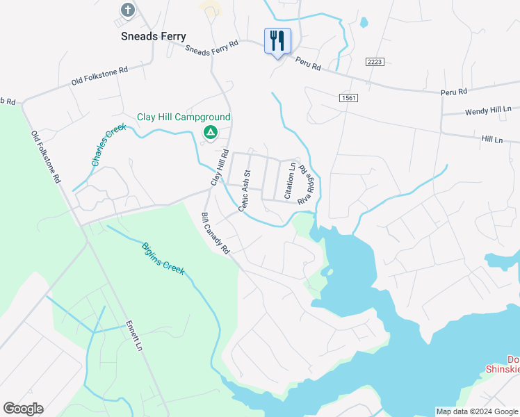 map of restaurants, bars, coffee shops, grocery stores, and more near 402 Whirlaway Boulevard in Sneads Ferry