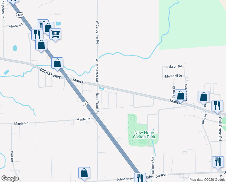 map of restaurants, bars, coffee shops, grocery stores, and more near 105 Huntview Drive in New Hope
