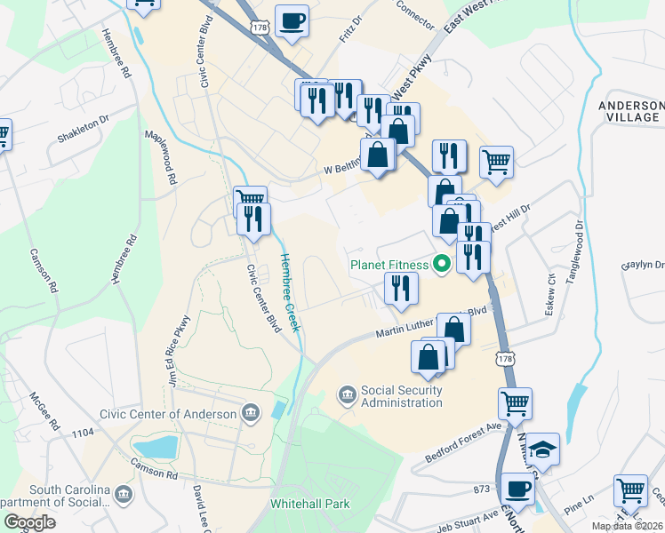 map of restaurants, bars, coffee shops, grocery stores, and more near 401 North Pointe Creek in Anderson