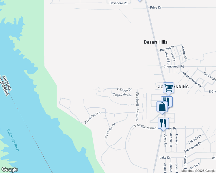 map of restaurants, bars, coffee shops, grocery stores, and more near 1857 East Troon Drive in Lake Havasu City