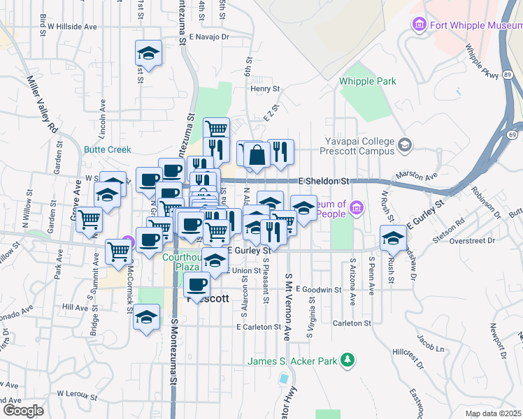 map of restaurants, bars, coffee shops, grocery stores, and more near 145 North Alarcon Street in Prescott