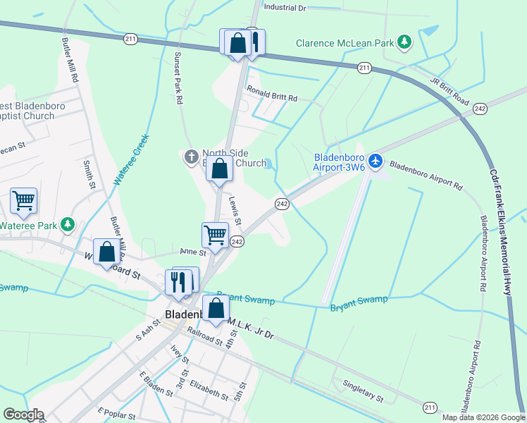 map of restaurants, bars, coffee shops, grocery stores, and more near 2-18 Harmony Homes Drive in Bladenboro
