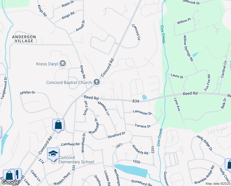 map of restaurants, bars, coffee shops, grocery stores, and more near 1202 Reed Road in Anderson