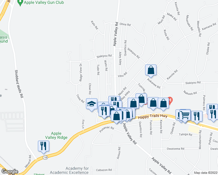 map of restaurants, bars, coffee shops, grocery stores, and more near 16061 Wato Road in Apple Valley