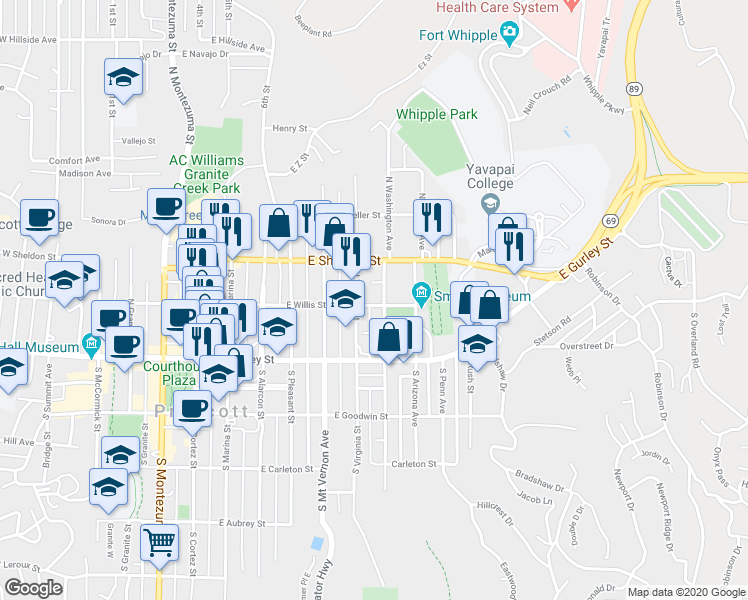 map of restaurants, bars, coffee shops, grocery stores, and more near 612 East Willis Street in Prescott