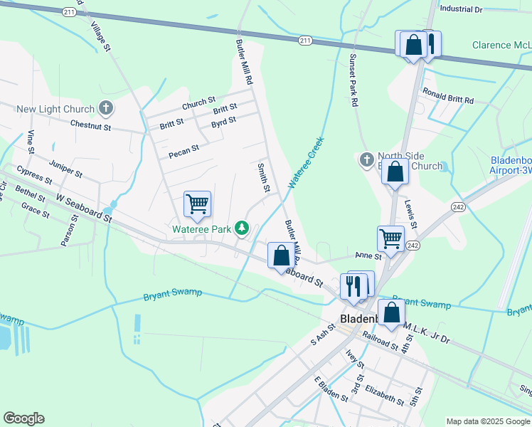 map of restaurants, bars, coffee shops, grocery stores, and more near 398 Suggs Street in Bladenboro