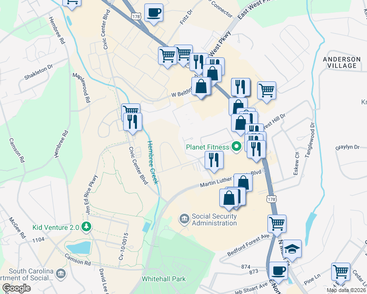 map of restaurants, bars, coffee shops, grocery stores, and more near 401 North Pointe Creek in Anderson