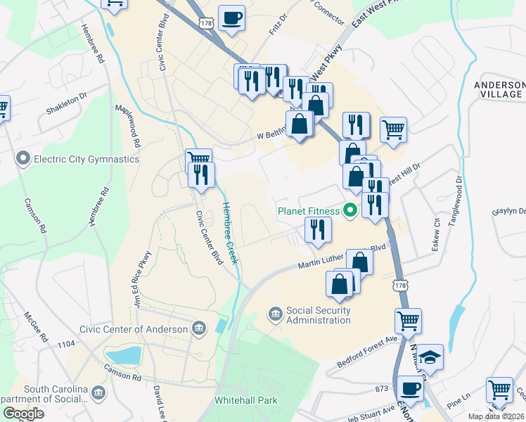 map of restaurants, bars, coffee shops, grocery stores, and more near 401 North Pointe Creek in Anderson