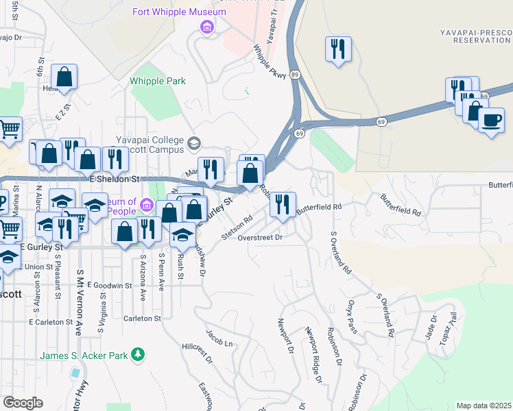 map of restaurants, bars, coffee shops, grocery stores, and more near 1233 Stetson Road in Prescott