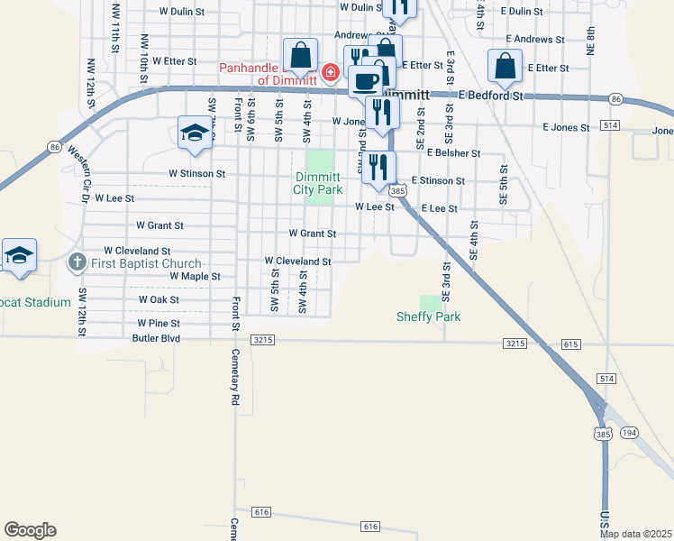 map of restaurants, bars, coffee shops, grocery stores, and more near 701 Southwest 3rd Street in Dimmitt