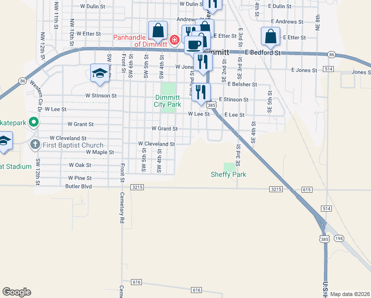 map of restaurants, bars, coffee shops, grocery stores, and more near 701-799 Southwest 3rd Street in Dimmitt