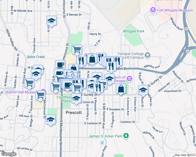 map of restaurants, bars, coffee shops, grocery stores, and more near 411 East Willis Street in Prescott