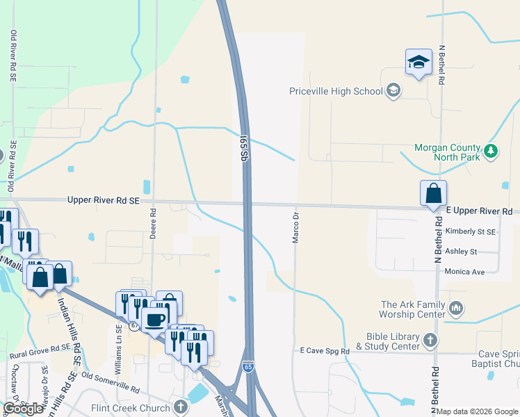map of restaurants, bars, coffee shops, grocery stores, and more near I-65 Commodore Court Southeast in Decatur