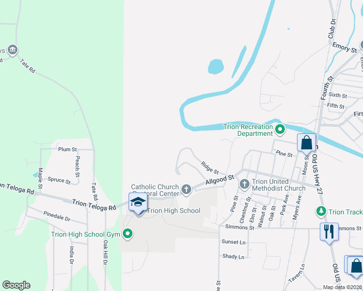 map of restaurants, bars, coffee shops, grocery stores, and more near 315 Ridge Street in Trion