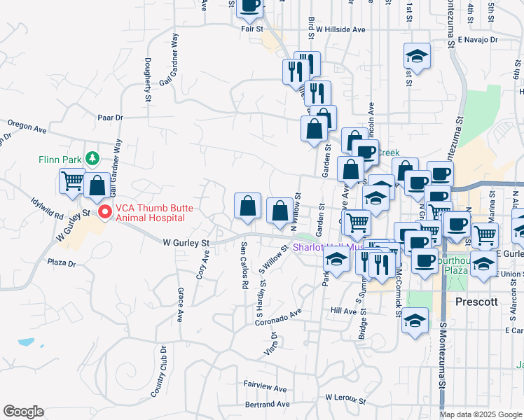 map of restaurants, bars, coffee shops, grocery stores, and more near 824 West Gurley Street in Prescott