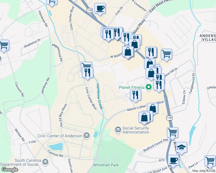 map of restaurants, bars, coffee shops, grocery stores, and more near 401 North Pointe Creek in Anderson
