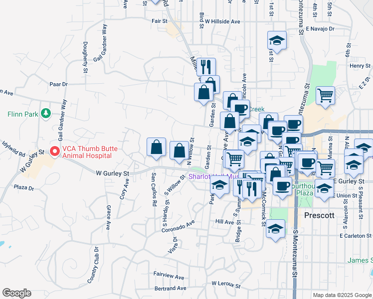 map of restaurants, bars, coffee shops, grocery stores, and more near 121 North Willow Street in Prescott