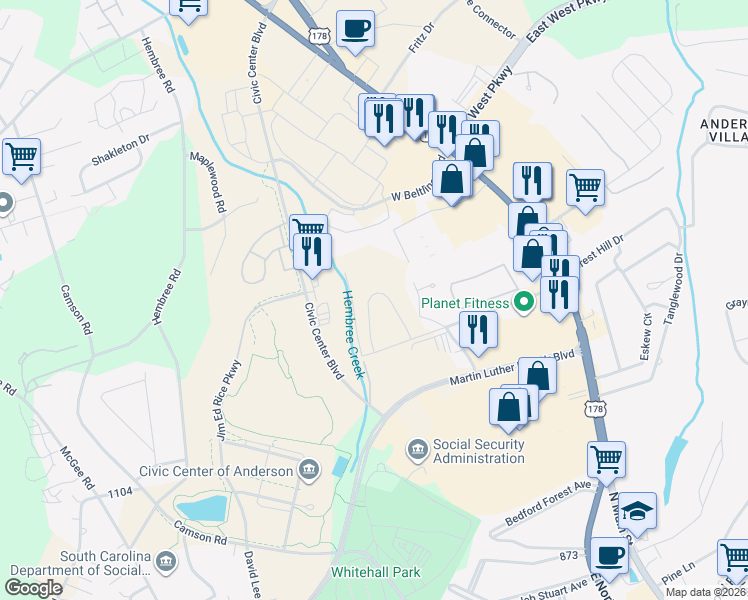 map of restaurants, bars, coffee shops, grocery stores, and more near 401 North Pointe Creek in Anderson