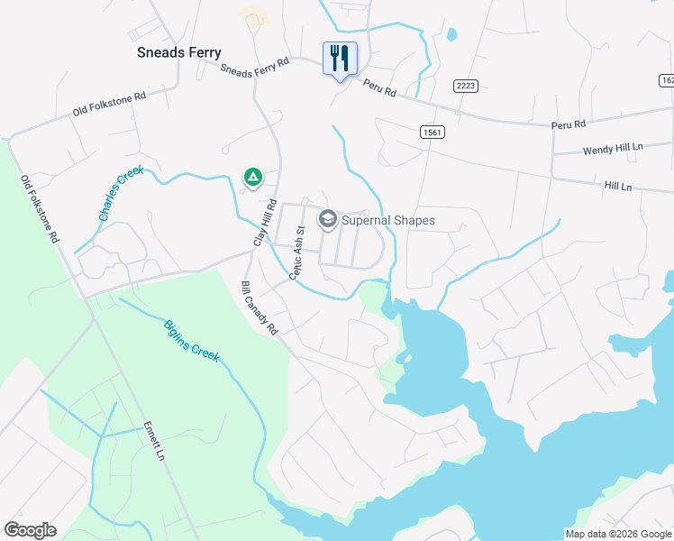 map of restaurants, bars, coffee shops, grocery stores, and more near 416 Whirlaway Boulevard in Sneads Ferry