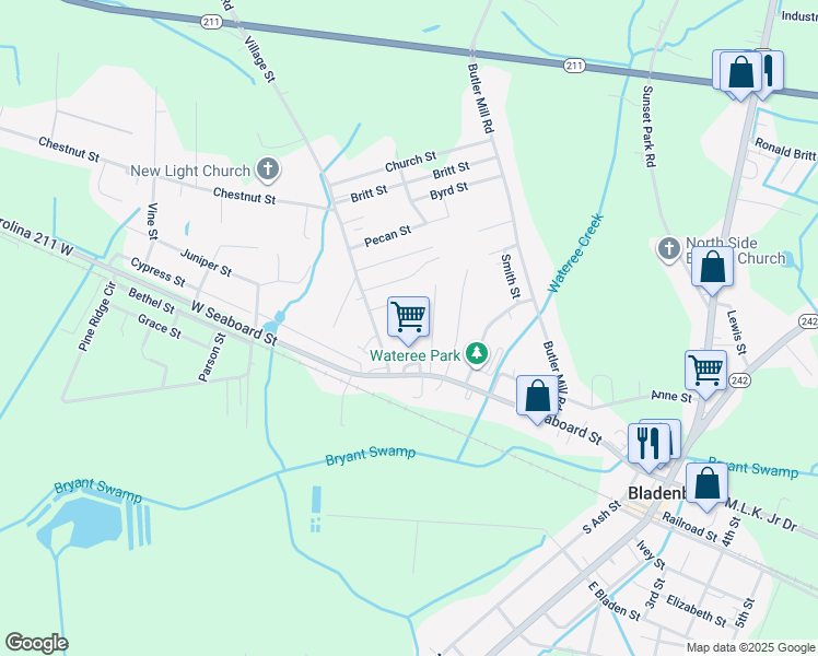 map of restaurants, bars, coffee shops, grocery stores, and more near 1109 West Seaboard Street in Bladenboro