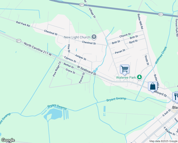 map of restaurants, bars, coffee shops, grocery stores, and more near 1460 West Seaboard Street in Bladenboro
