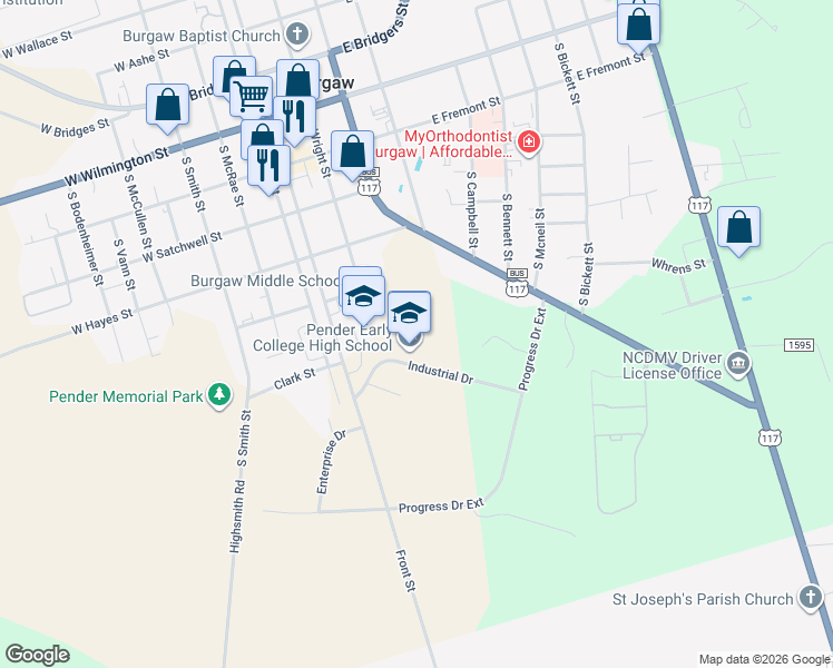 map of restaurants, bars, coffee shops, grocery stores, and more near 100 Industrial Drive in Burgaw
