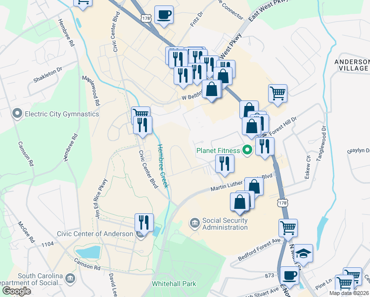map of restaurants, bars, coffee shops, grocery stores, and more near 401 North Pointe Creek in Anderson