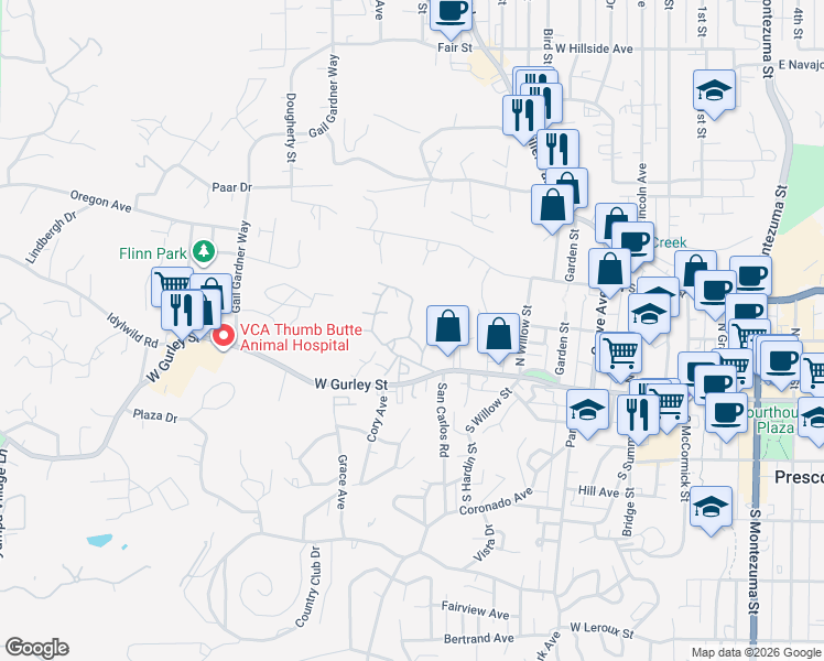 map of restaurants, bars, coffee shops, grocery stores, and more near Rockview Road in Prescott