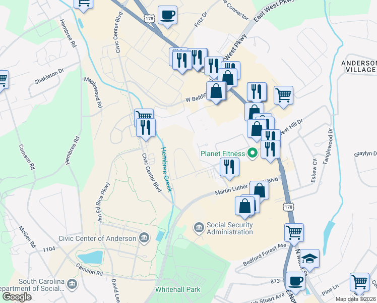 map of restaurants, bars, coffee shops, grocery stores, and more near 401 North Pointe Creek in Anderson