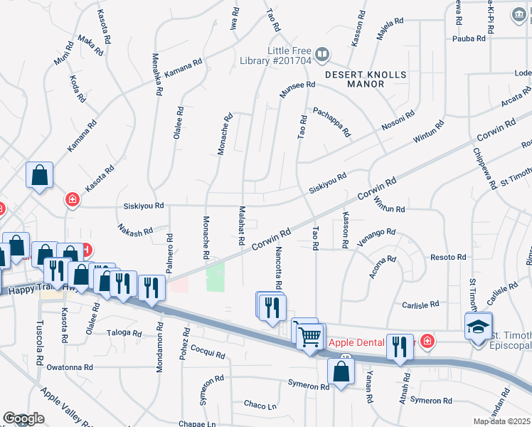 map of restaurants, bars, coffee shops, grocery stores, and more near 18765 Siskiyou Road in Apple Valley