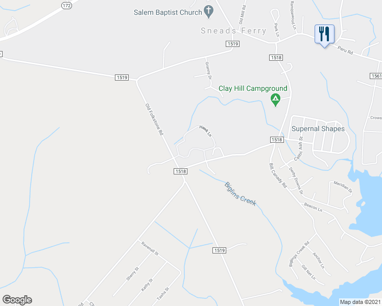 map of restaurants, bars, coffee shops, grocery stores, and more near 11 Eagles Nest Drive in Sneads Ferry