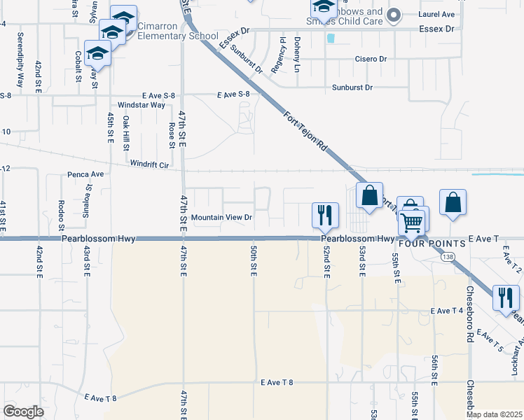 map of restaurants, bars, coffee shops, grocery stores, and more near Skypark Way in Palmdale